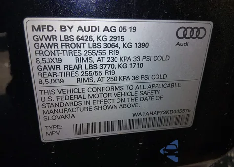 2019 Audi Q7 45 Premium/45 Se Premium z USA, uszkodzony, nr VIN WA1AHAF73KD045575